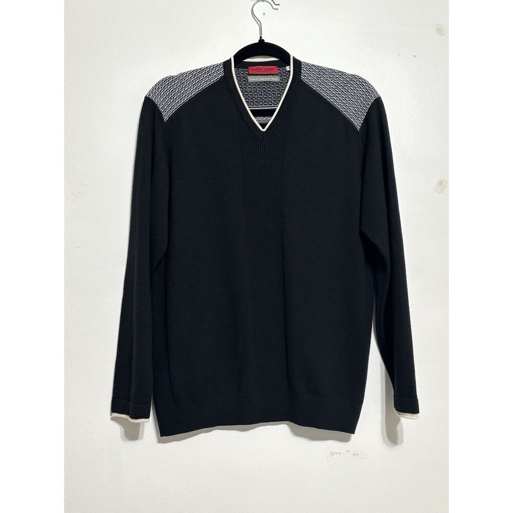 Luchiano Visconti Italian Merino Wool Black Sweater Men's Sz Large Cream Trim